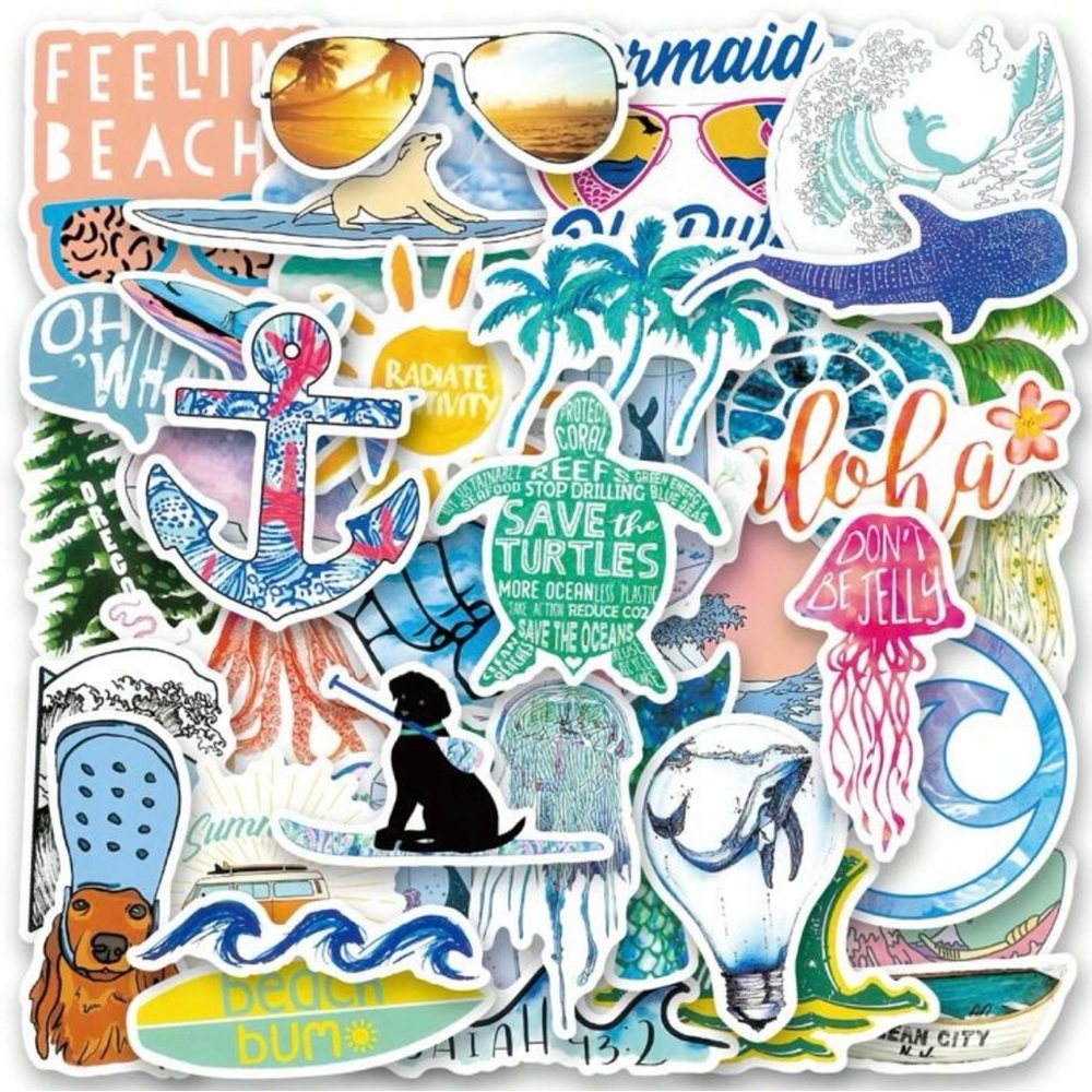 50 Beach Theme Stickers Waves Turtle Anchor Fish Surfboard Dog Sun Sunglasses